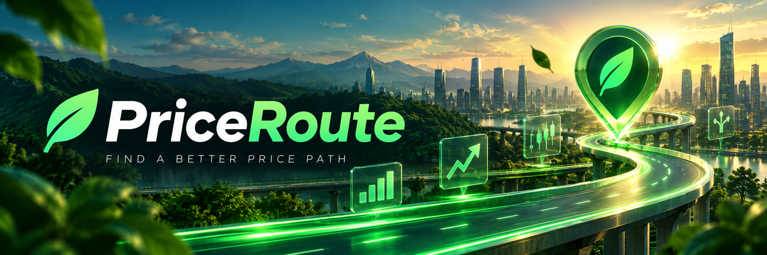PriceRoute brand landscape with a luminous green route through an onchain city